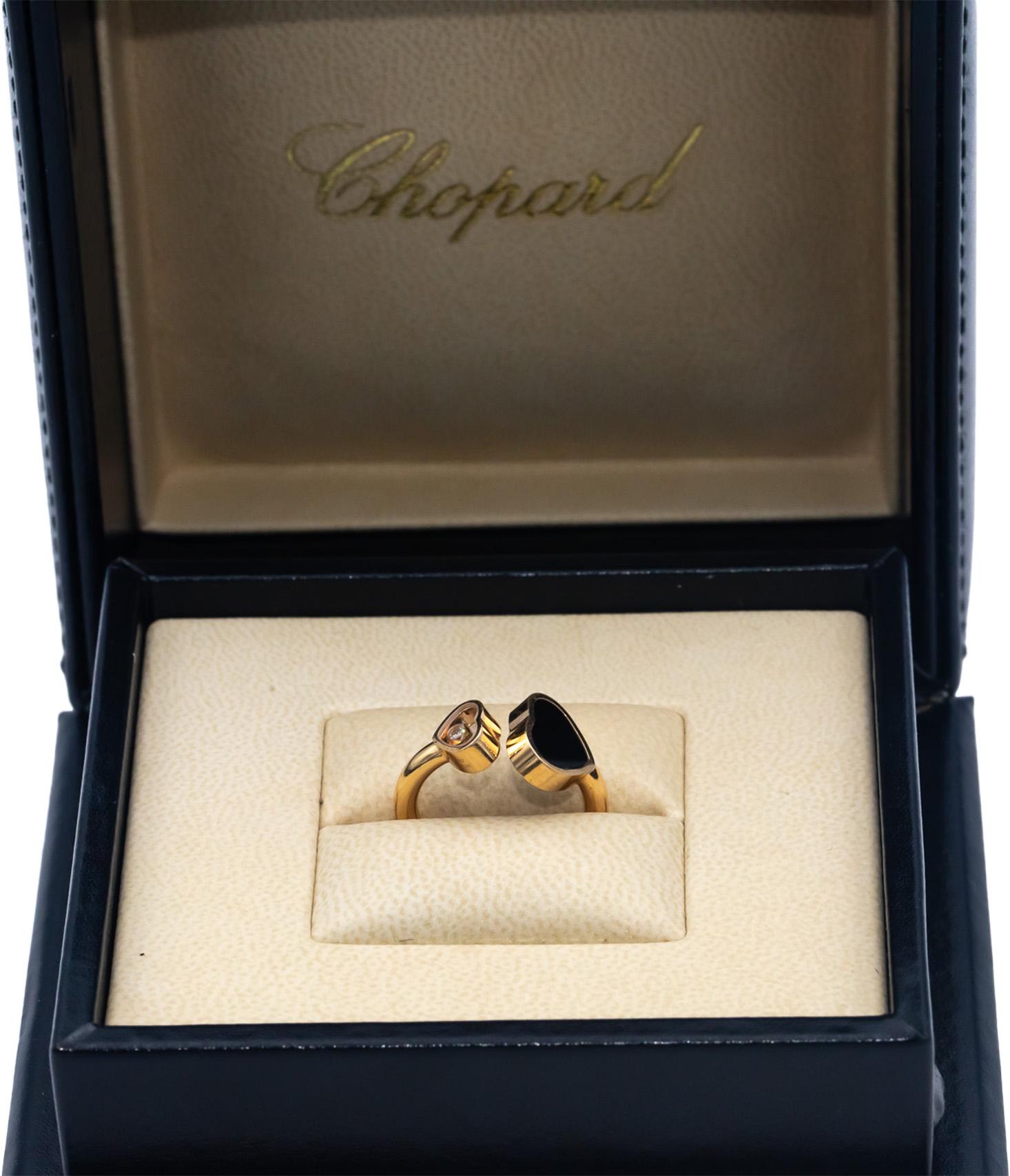 CHOPARD Happy Hearts 18k Rose Gold Diamond and Onyx Ring 0.04CT Size 5.25