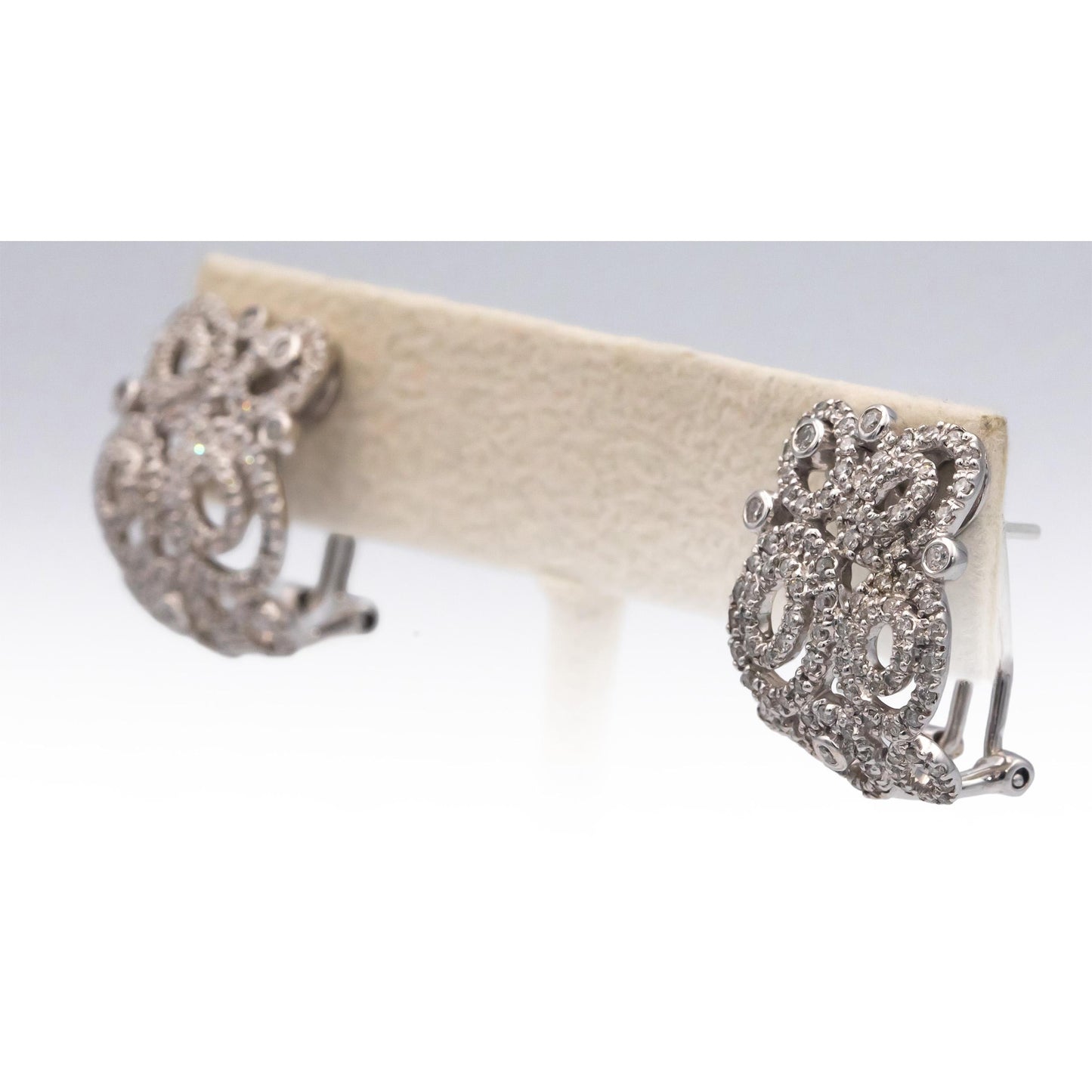 14k White Gold Round Cut Diamond Curved Earrings 1.0CT