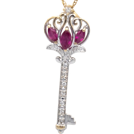 14k White & Yellow Gold 0.35CT Diamond and Ruby Key Pendant Necklace