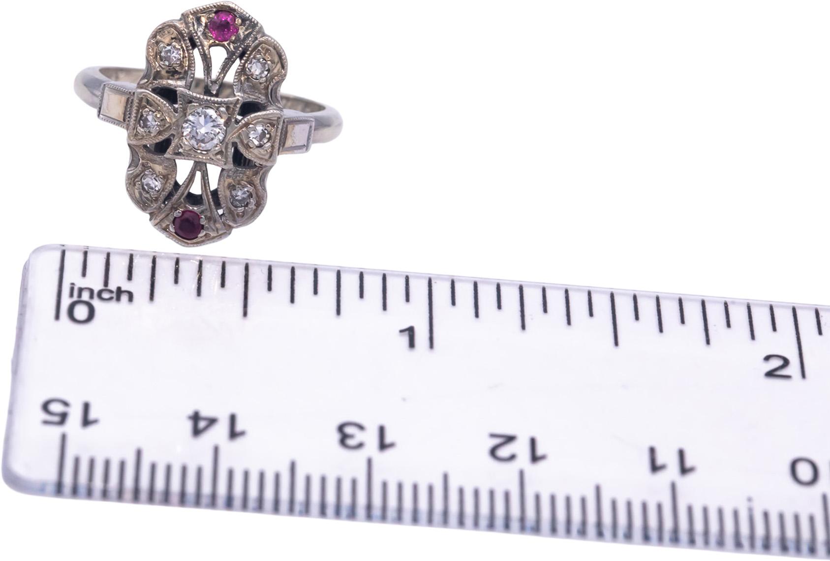 Antique Vintage 14k White Gold 0.27CT Diamond and Ruby Filigree Ring Size 6