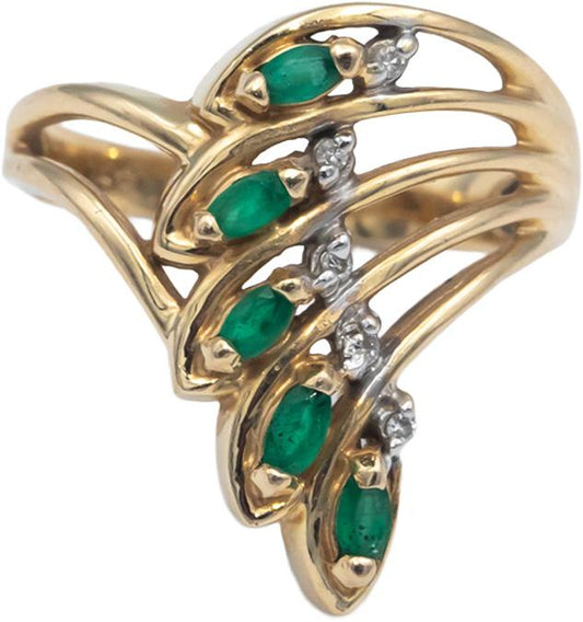 14k Yellow Gold 0.25CT Round Diamond and Marquise Emerald Ring Size 6.75