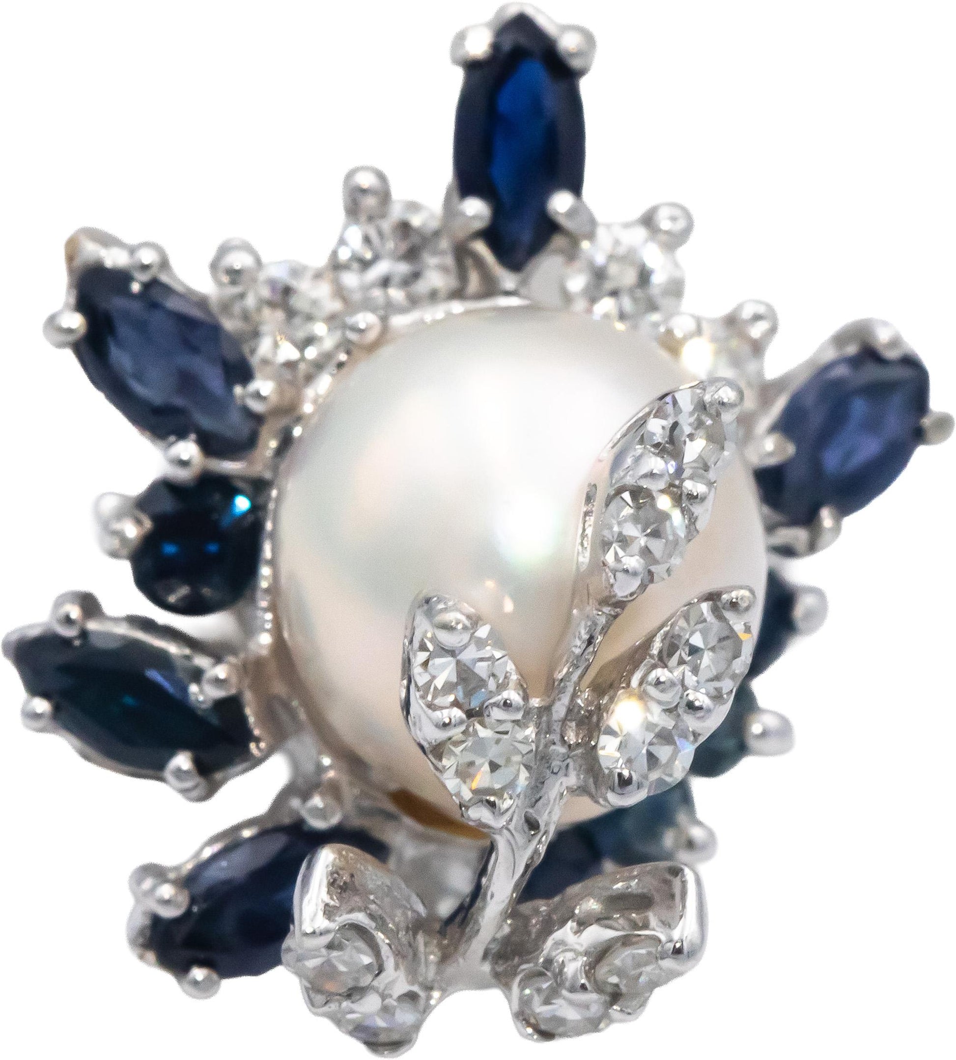 14k White Gold 1.50CT Diamond Sapphire and 10mm Pearl Cocktail Ring Size 8.25