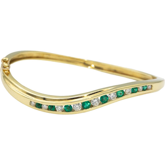 18k Yellow Gold VS Diamond and Emerald Channel Set Wavy Bangle Bracelet 1.50CT