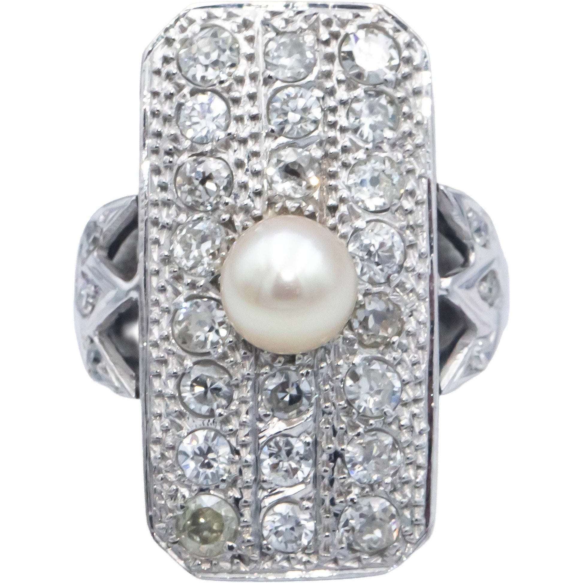 Vintage Antique 14k White Gold 1.25CT & 6.3mm Pearl Cocktail Ring Size 8