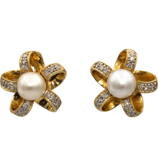 14k Yellow Gold Round Diamond & 8mm Pearl Floral Ribbon Earrings 0.25CT