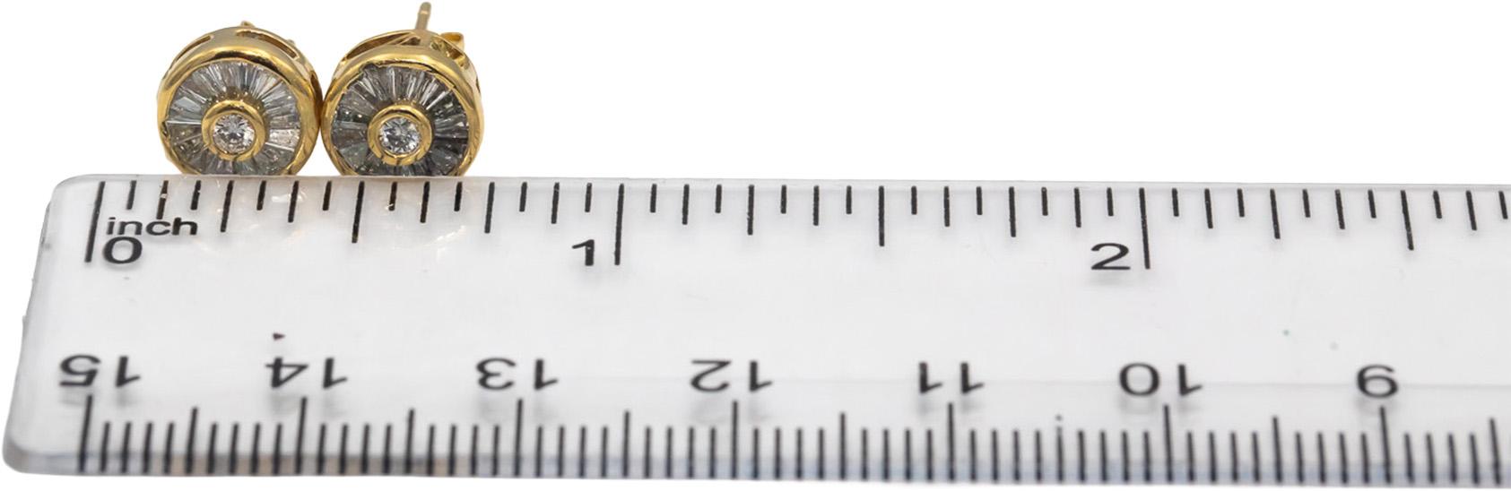 14k Yellow Gold Round & Baguette Cut Diamond Stud Earrings 0.75CT