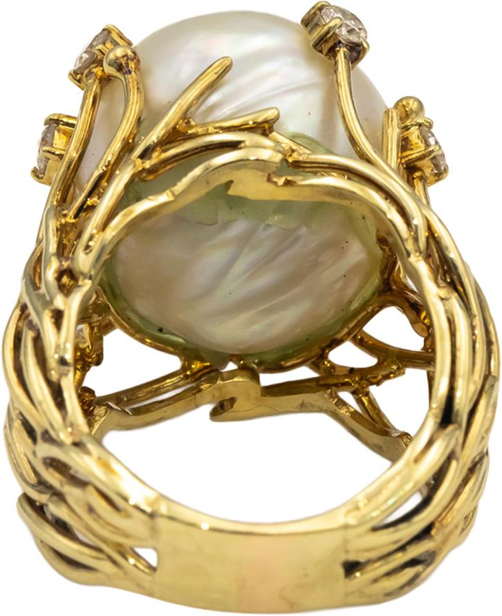 14k Yellow Gold VS Round Diamond & 16mm Pearl Cocktail Ring 0.50CT Size 7.5