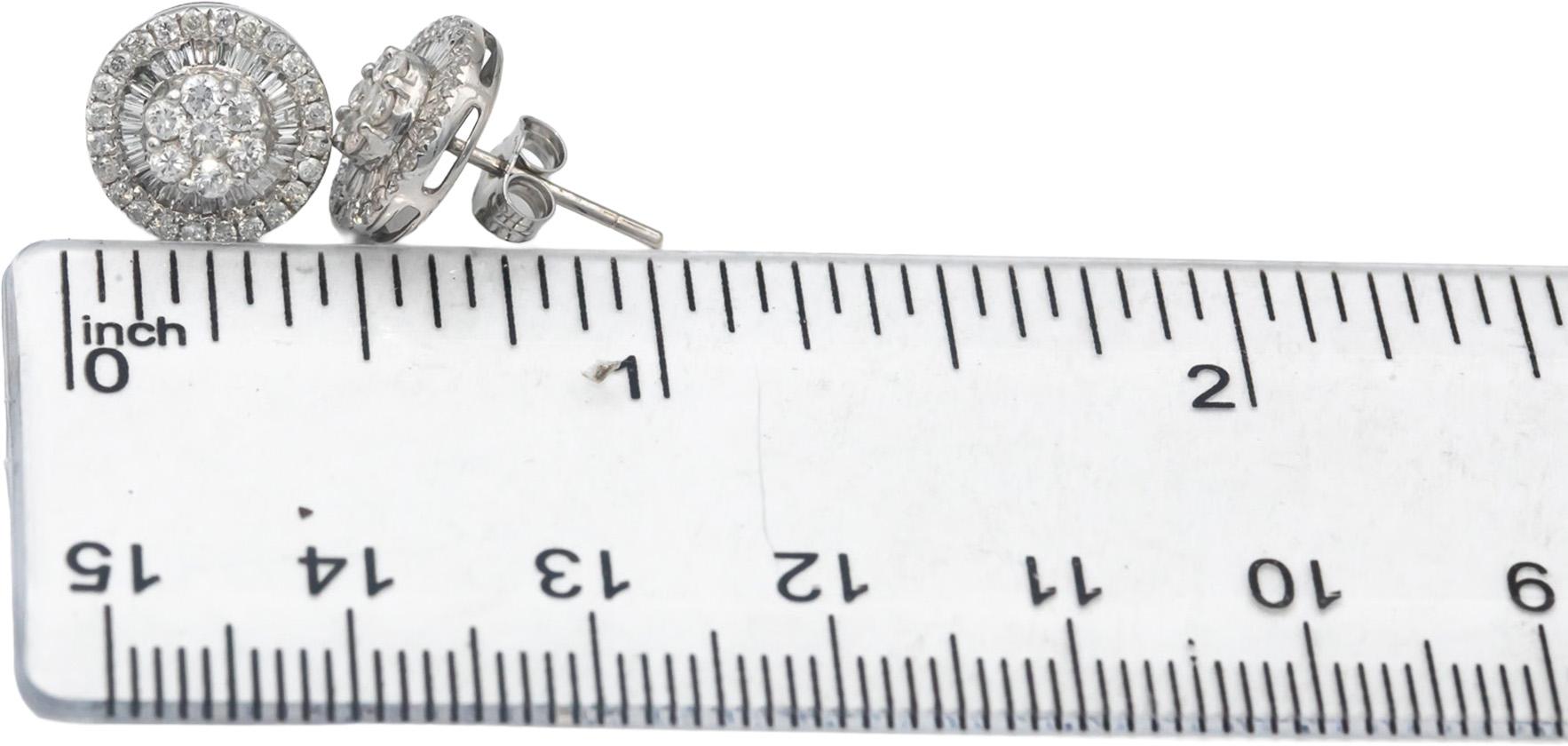 10k White Gold Round & Baguette Cut Diamond Cluster Stud Earrings 1.0CTW