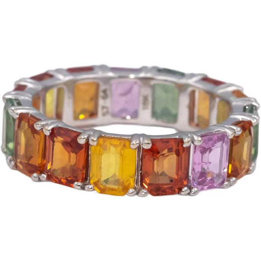 18k White Gold Emerald Cut Rainbow Sapphire Eternity Band Ring 7.50CTW Size 6.75