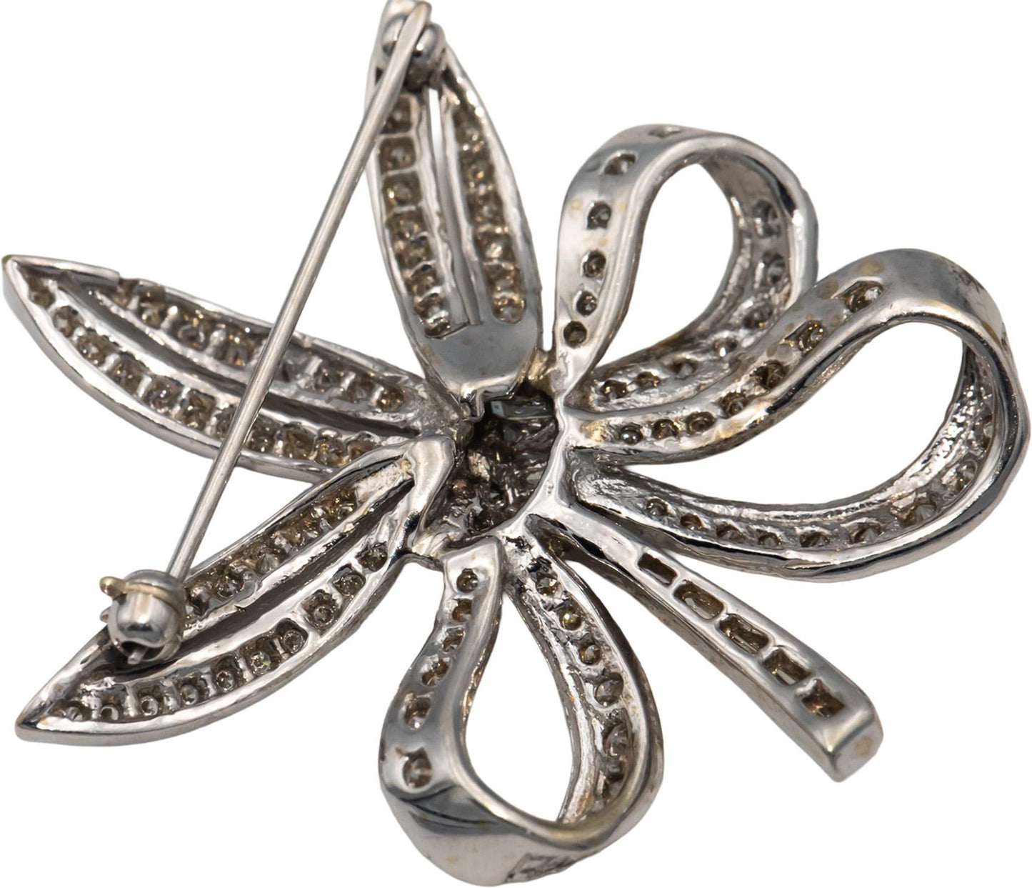 18k White Gold Round & Baguette Cut Diamond Floral Ribbon Brooch Pin 2.0CTW