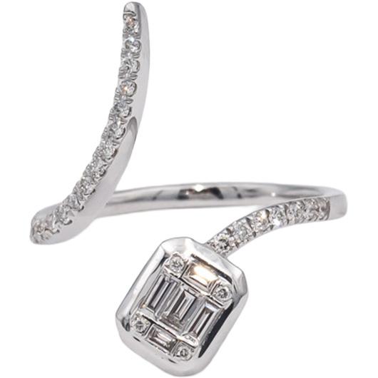 18k White Gold VS Round and Emerald Cut Diamond Bypass Ring 0.35CT Size 7.25