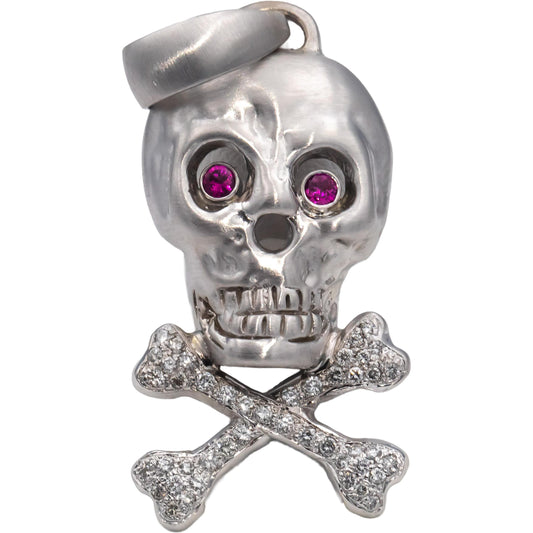 14k White Gold Round Ruby & Diamond Skull & Crossbones Pendant 0.50CTW