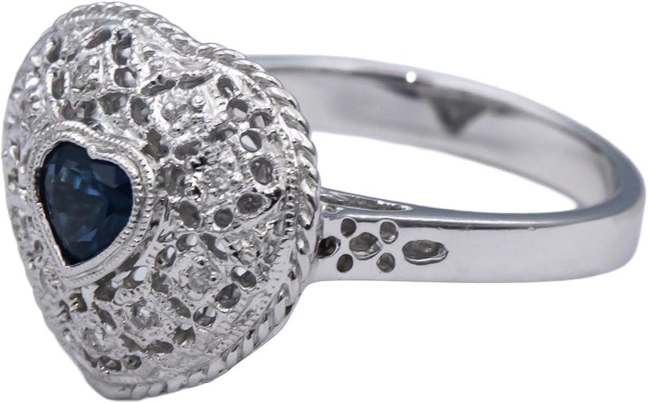 14k White Gold Blue Sapphire & Diamond Heart Filigree Ring 0.42CT Size 7