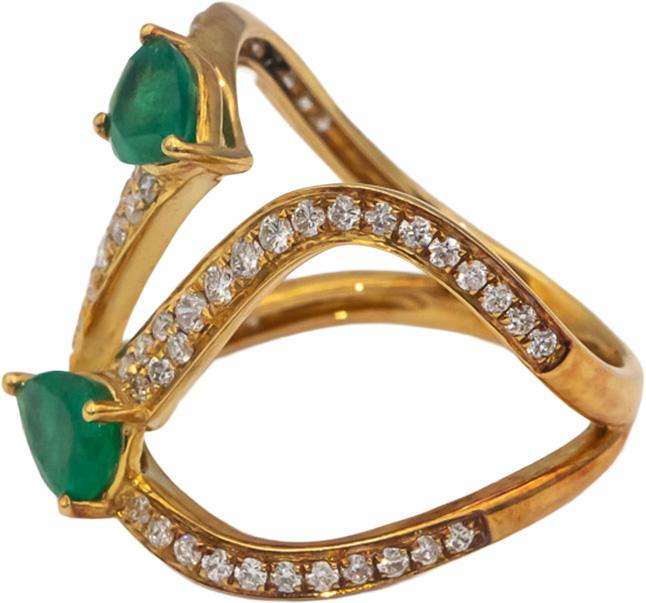 18k Yellow Gold Pear Cut Emerald VS Round Diamond By Pass Ring 1.50CT Size 7.25