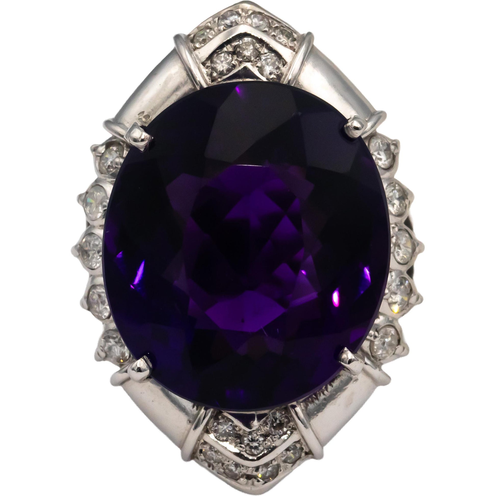 18k White Gold Oval Cut Amethyst Round Diamond Cocktail Ring 23.50CT Size 9