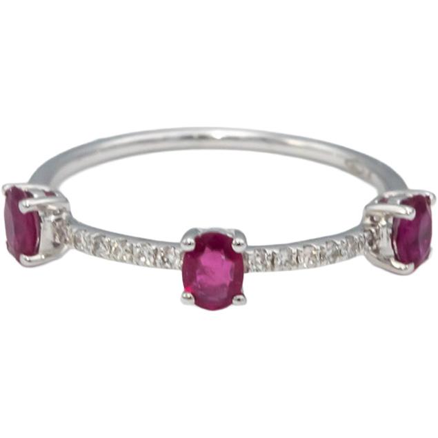 18k White Gold Oval Ruby Round Diamond Band Ring 0.57CT Size 7.25