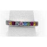 18k White Gold Square Channel Set Rainbow Sapphire Band Ring 1.52CT Size 7