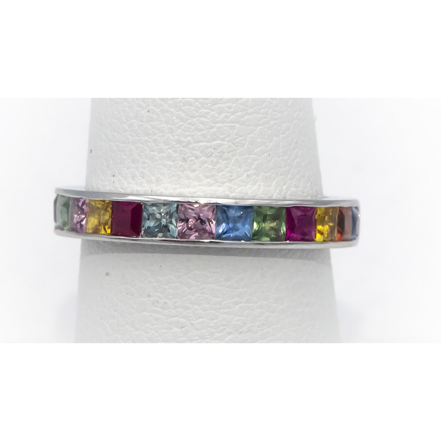 18k White Gold Square Channel Set Rainbow Sapphire Band Ring 1.52CT Size 7