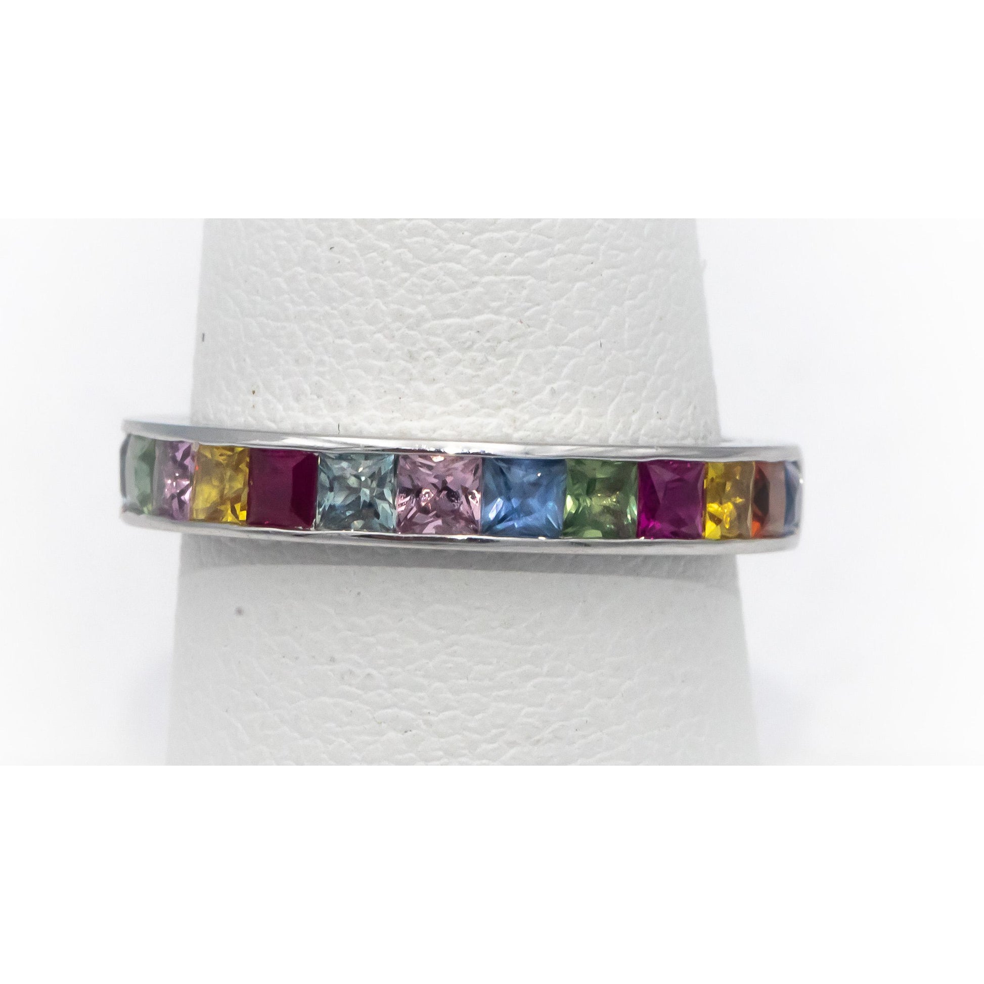 18k White Gold Square Channel Set Rainbow Sapphire Band Ring 1.52CT Size 7