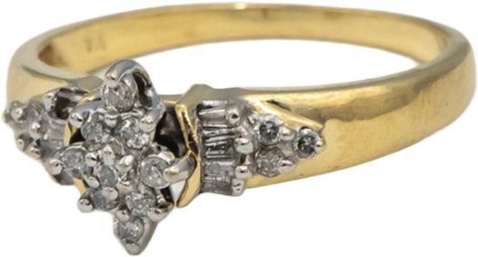 14k Yellow & White Gold Round & Baguette Diamond Cluster Ring 0.25CT Size 7.25