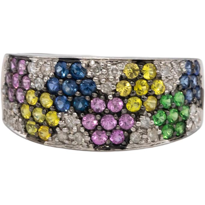 14k White Gold Rainbow Sapphire and Diamond Cluster Band Ring 1.0CT Size 7.25