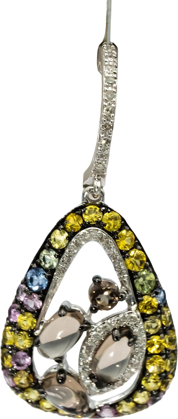 14k White Gold Diamond and Multi Color Gemstone Dangle Earrings 2.0CTW