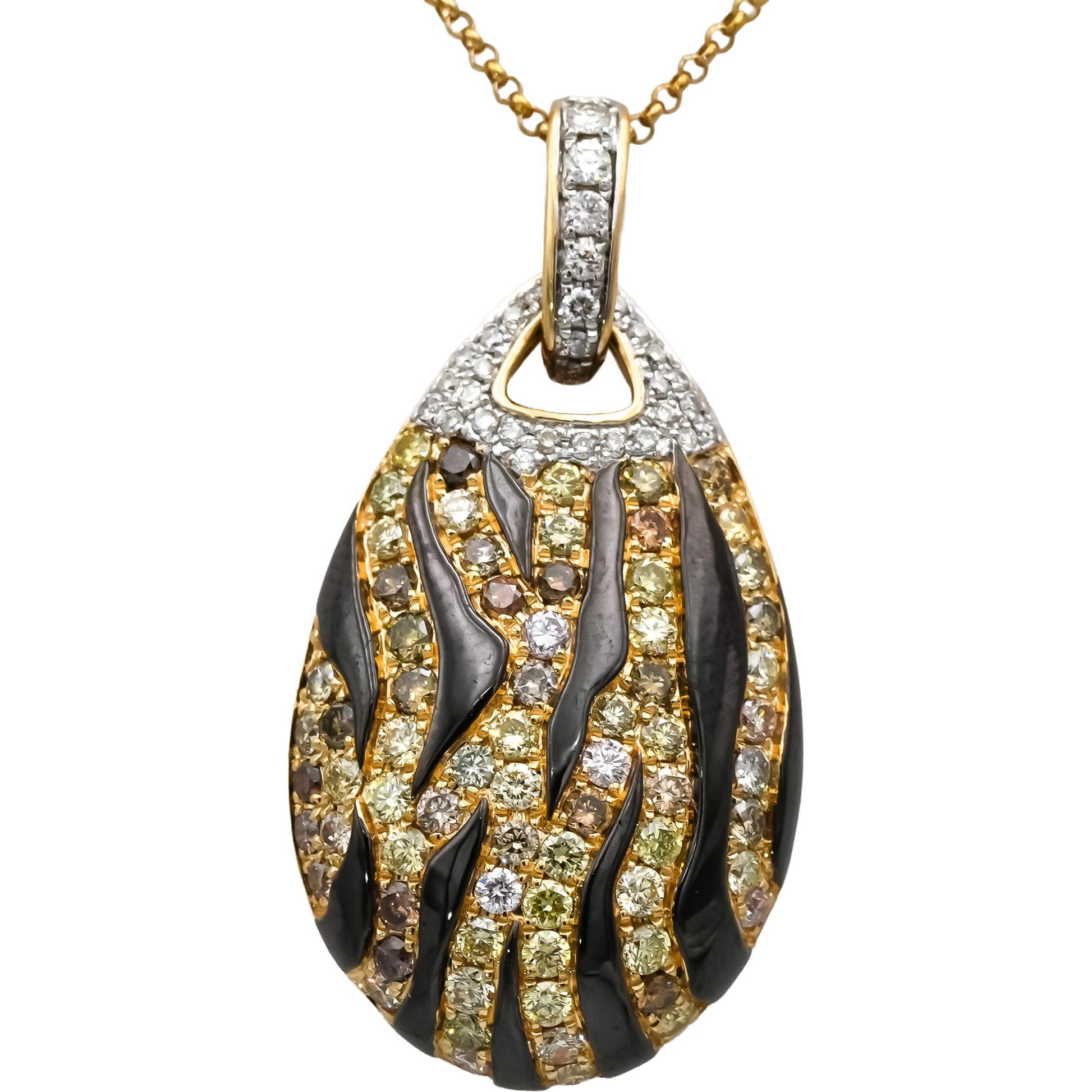 14k Yellow Gold Round Diamond and Enamel Animal Stripe Pendant Necklace 1.25CT
