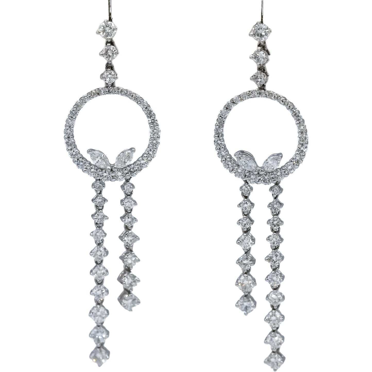 18k White Gold VS Round and Marquise Cut Diamond Dangle Earrings 3.0CT