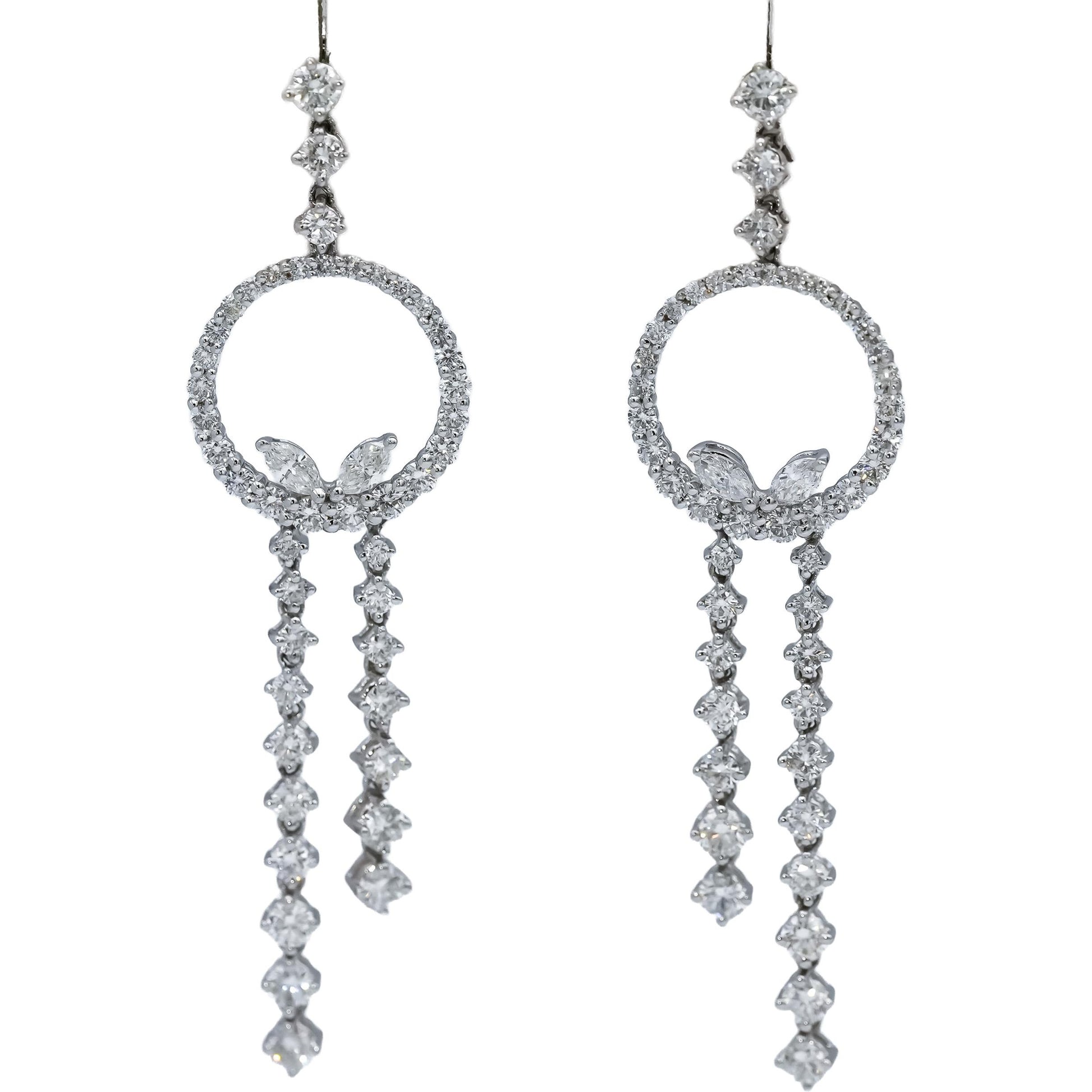 18k White Gold VS Round and Marquise Cut Diamond Dangle Earrings 3.0CT