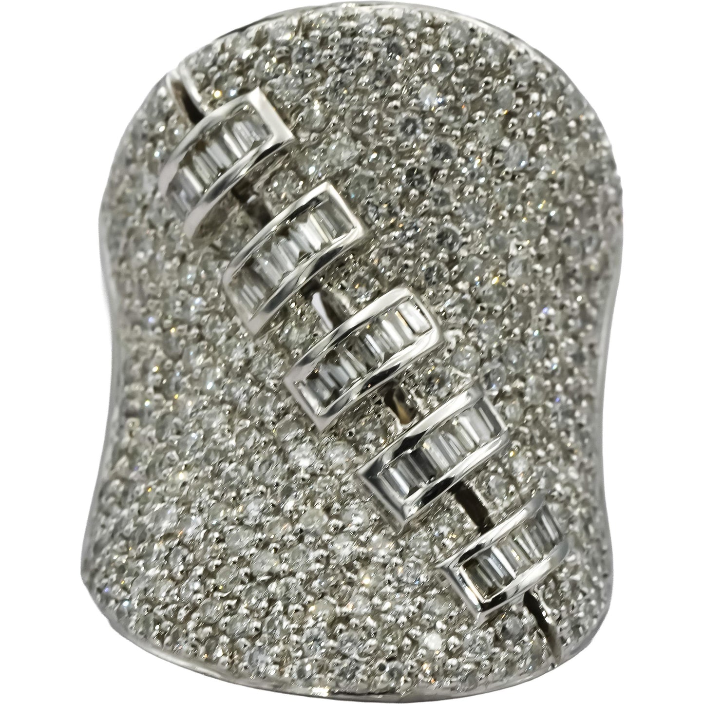 14k White Gold Round & Baguette Cut Cluster Cocktail Statement Ring 3.0CT Size 7