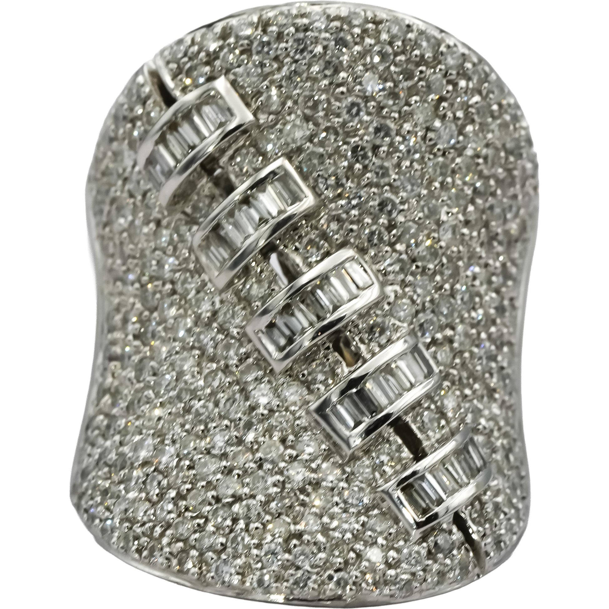 14k White Gold Round & Baguette Cut Cluster Cocktail Statement Ring 3.0CT Size 7