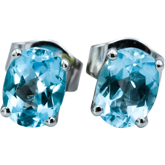 18k White Gold Oval Cut Blue Topaz Stud Earrings