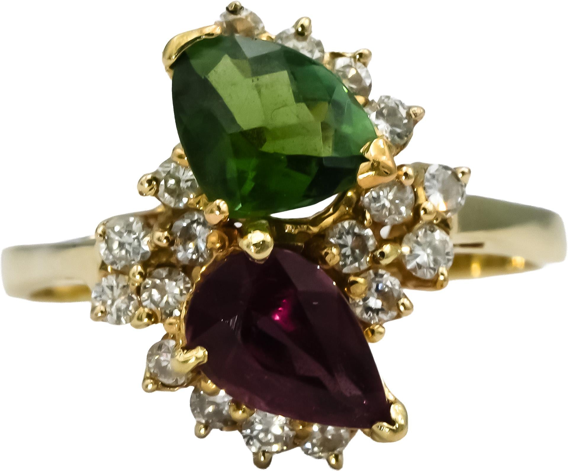 14k Yellow Gold Diamond Pink and Green Tourmaline Ring 2.75CT Size 10.25