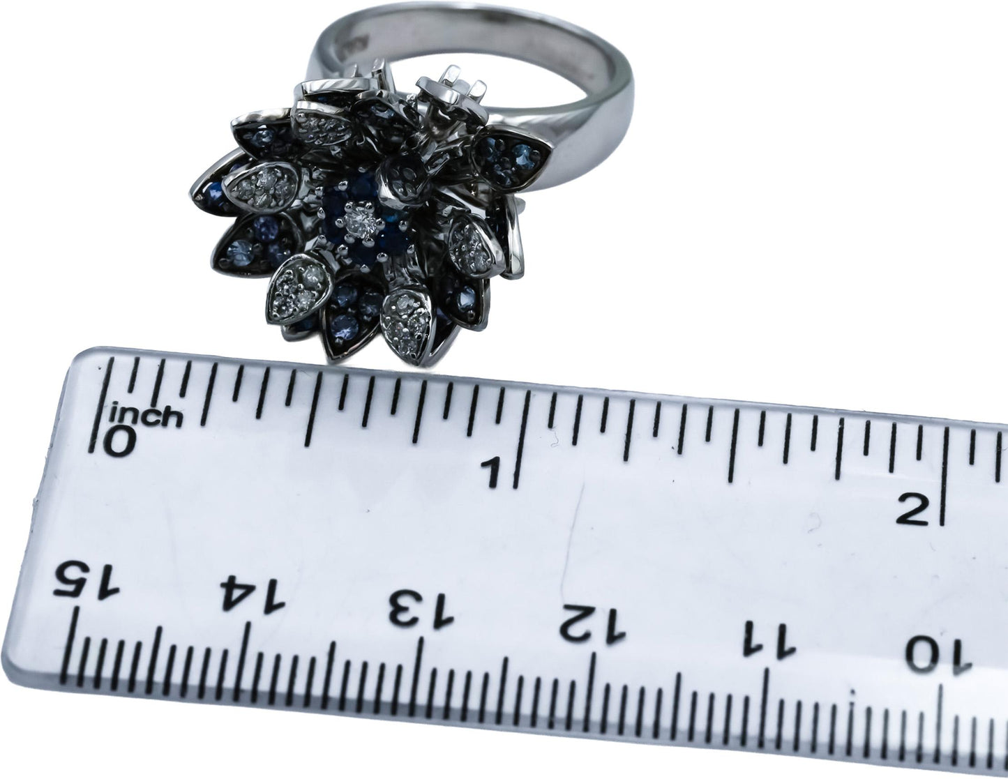 EFFY 14k White Gold Diamond & Sapphire Moving Petals Floral Ring 1.05CT Size 7.5
