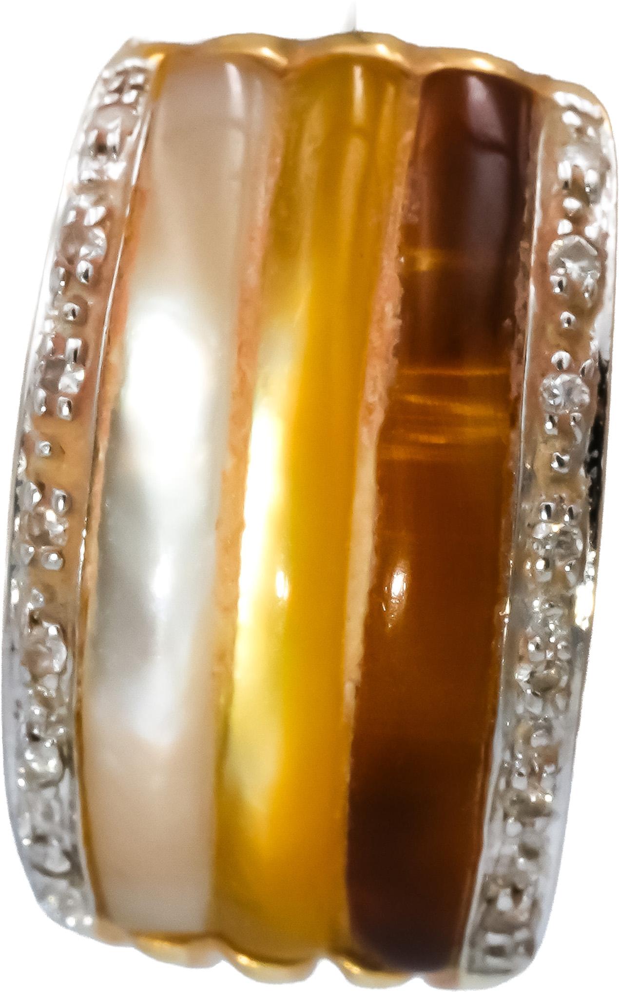14k Yellow Gold Mother of Pearl and Diamond Curved Earrings