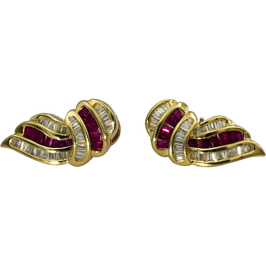 14k Yellow Gold Baguette Channel Set VS Diamond and Ruby Earrings 2.50CT