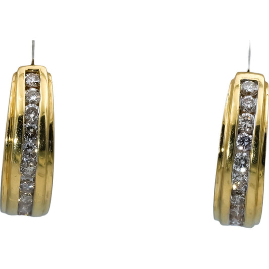 14k Yellow Gold Round Channel Set Diamond Hoop Huggie Earrings 1.0CT