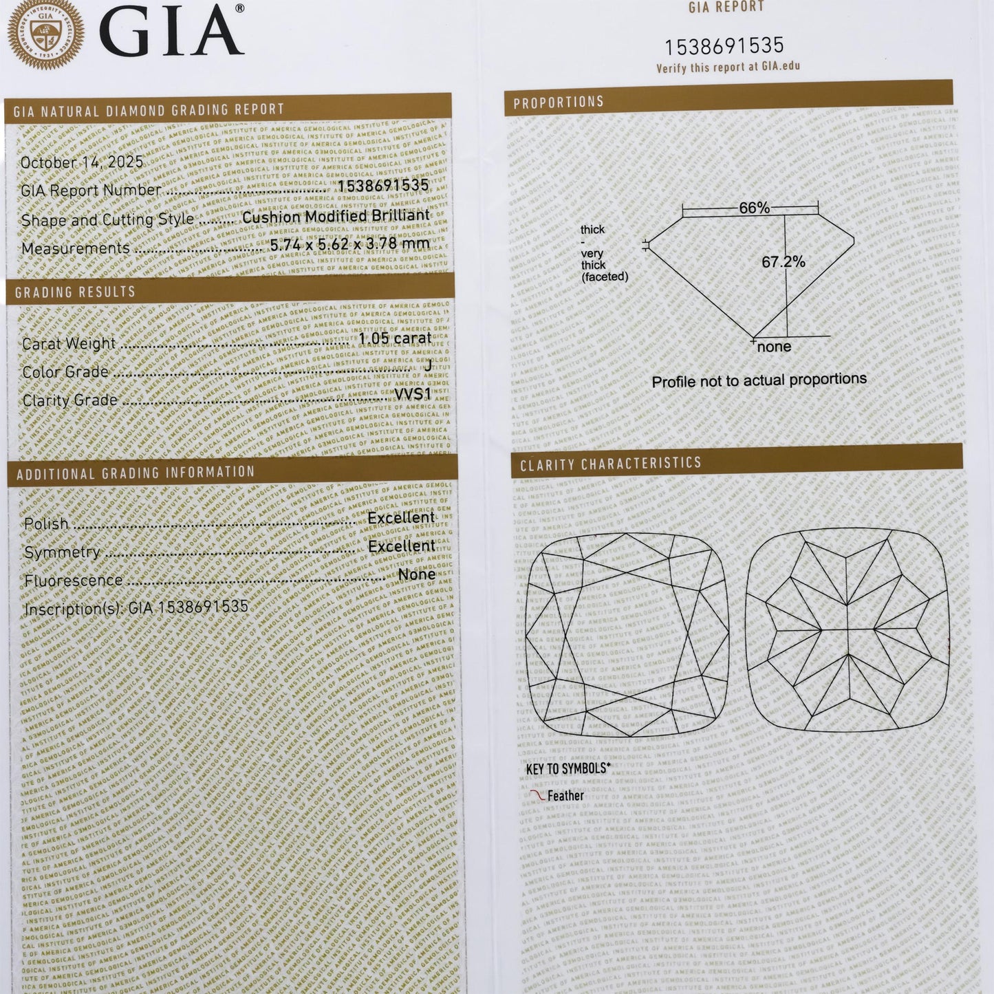 GIA Certified 14k Yellow Gold VVS1/J Cushion Cut Diamond Pendant Necklace 1.05CT
