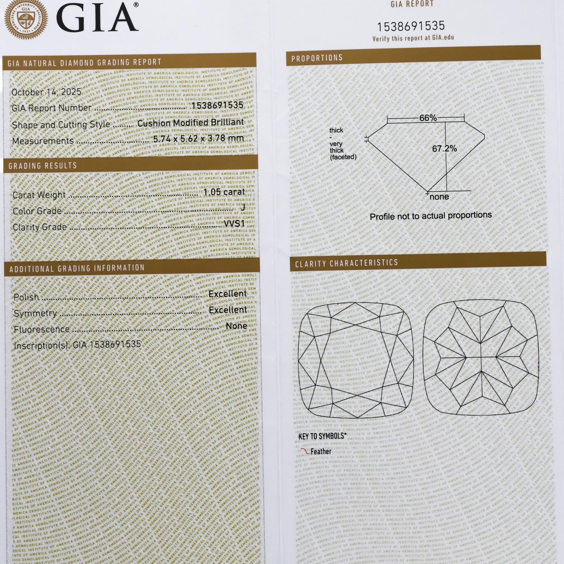 GIA Certified 14k Yellow Gold VVS1/J Cushion Cut Diamond Pendant Necklace 1.05CT
