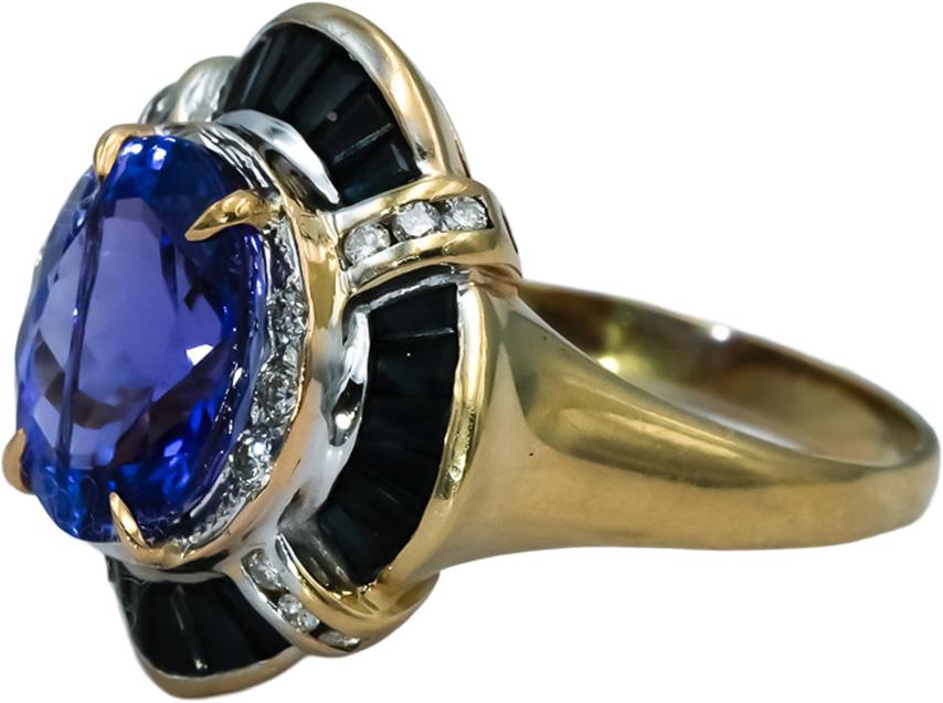 14k Yellow Gold Diamond Tanzanite Sapphire Cocktail Ring 5.76CT Size 9