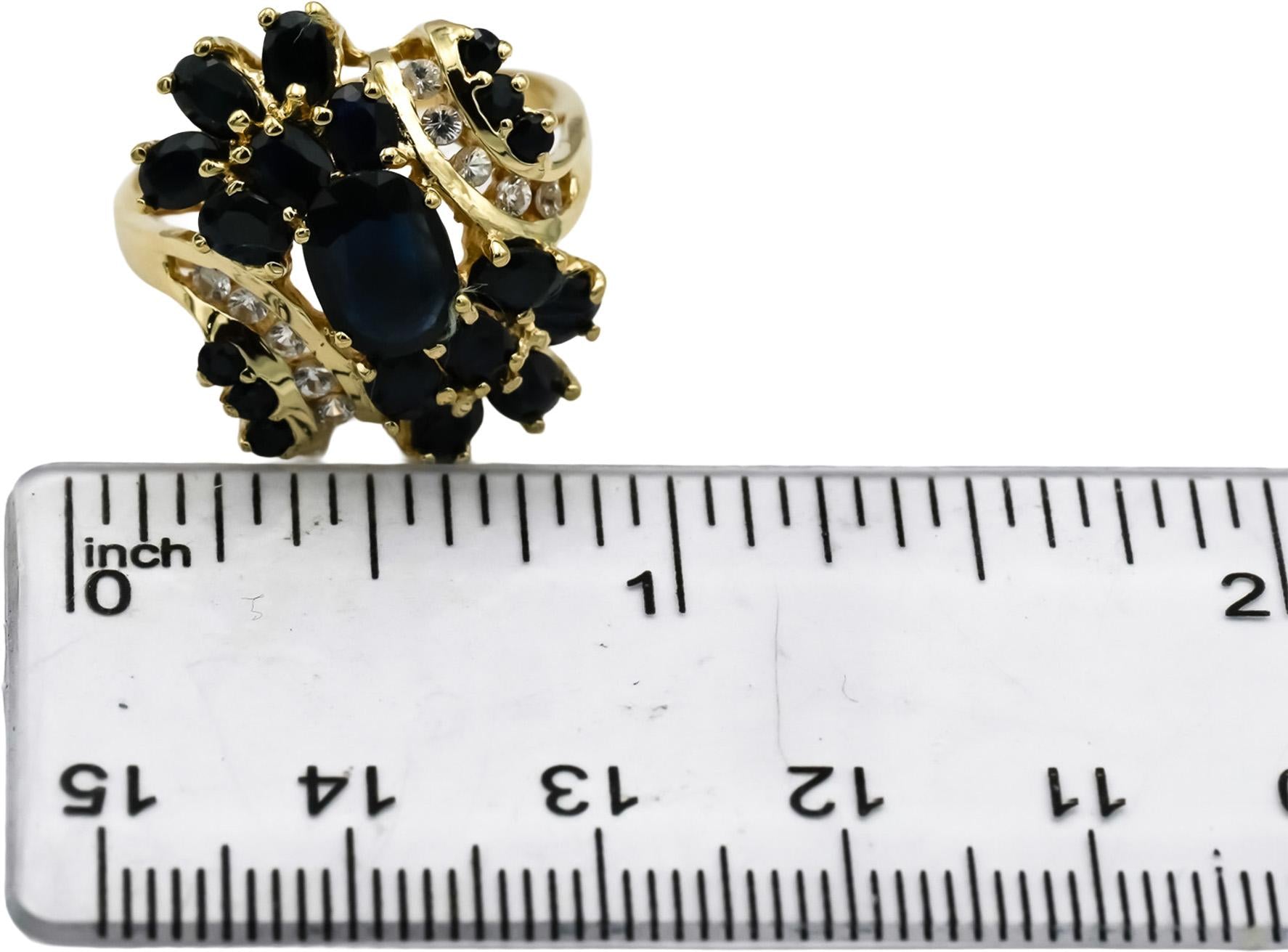 14k Yellow Gold White and Blue Sapphire Cluster Cocktail Ring 3.0CT Size 8.5