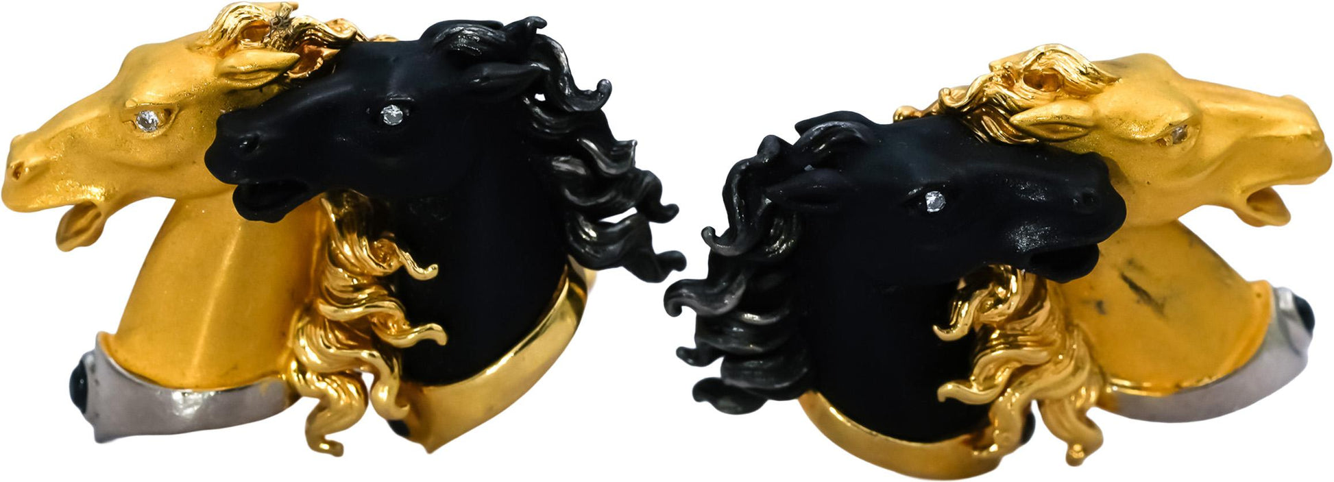 CARRERA Y CARRERA 18k Yellow White Blackened Gold Double Horse Head Cufflinks