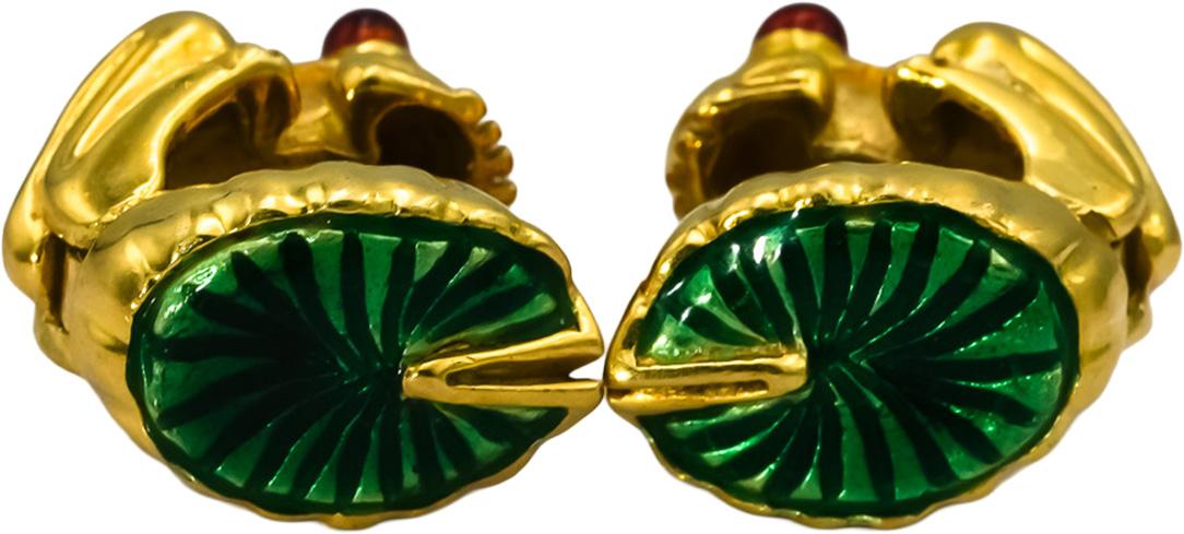 Designer 18k Yellow Gold Enamel Frog Earrings
