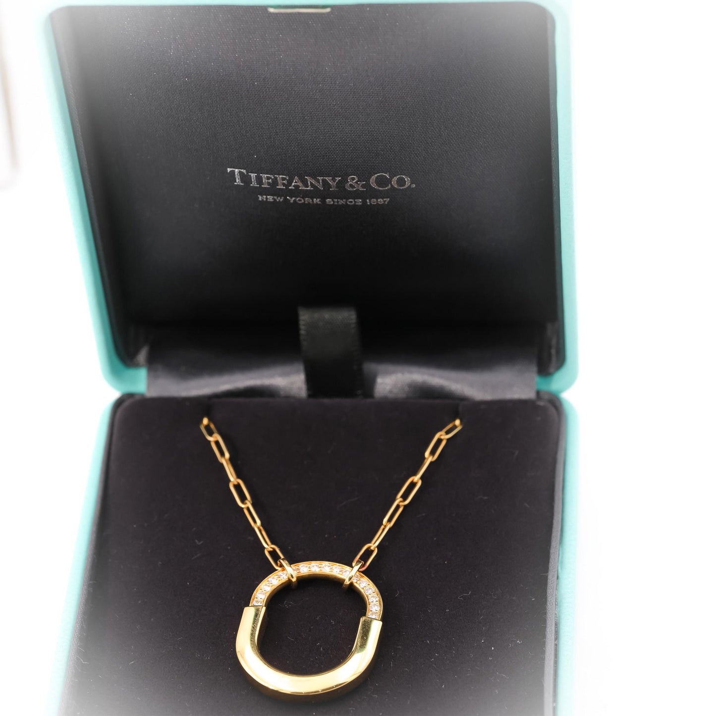 TIFFANY & CO. 18k Yellow Gold Diamond Lock Pendant Necklace 8700 Retail w/ Box