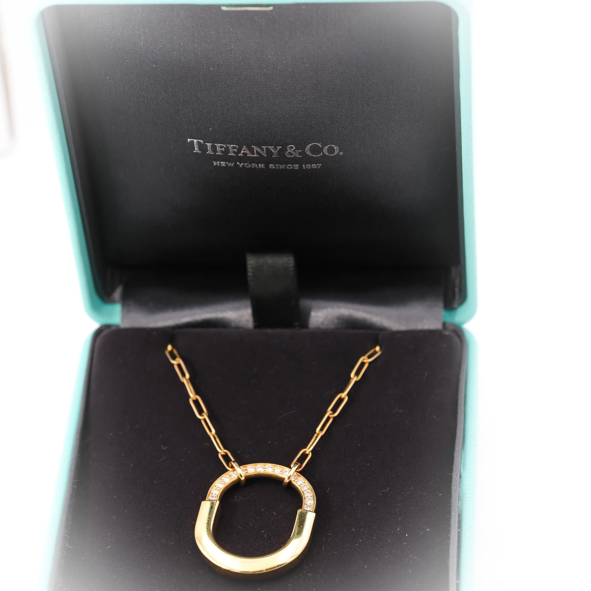 TIFFANY & CO. 18k Yellow Gold Diamond Lock Pendant Necklace 8700 Retail w/ Box