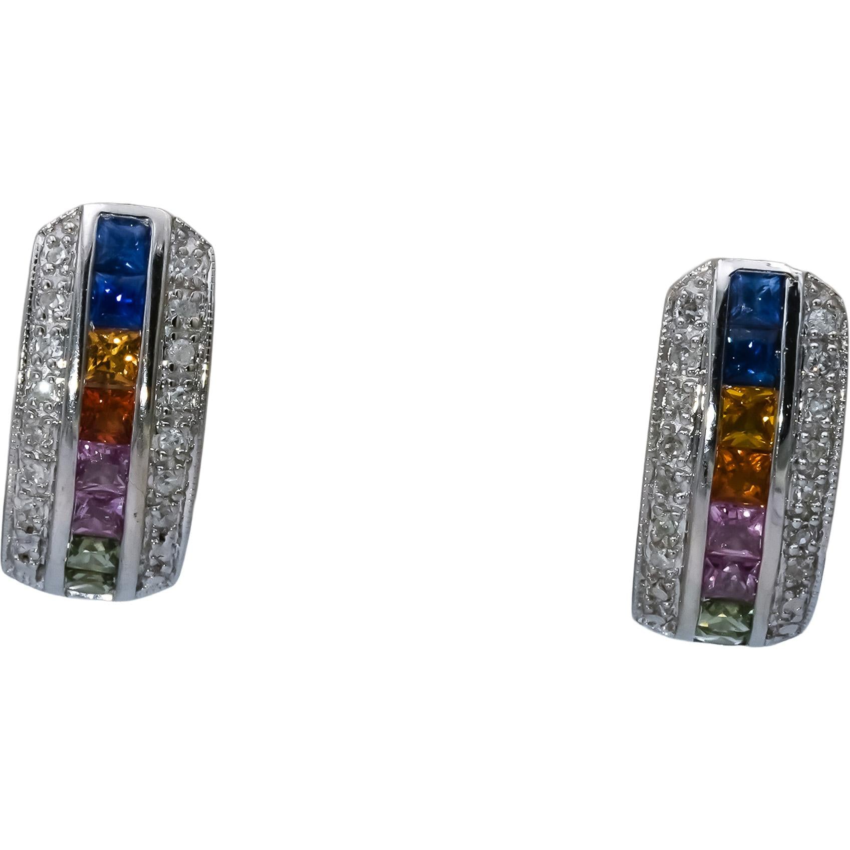 14k White Gold Rainbow Sapphire Earrings 0.60CT w/ Diamond Accents