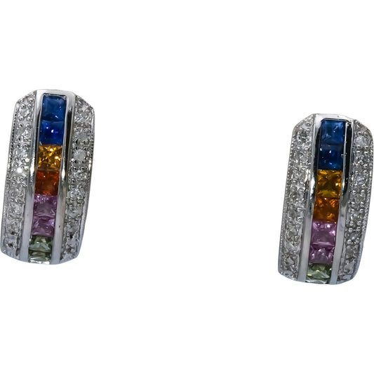 14k White Gold Rainbow Sapphire Earrings 0.60CT w/ Diamond Accents