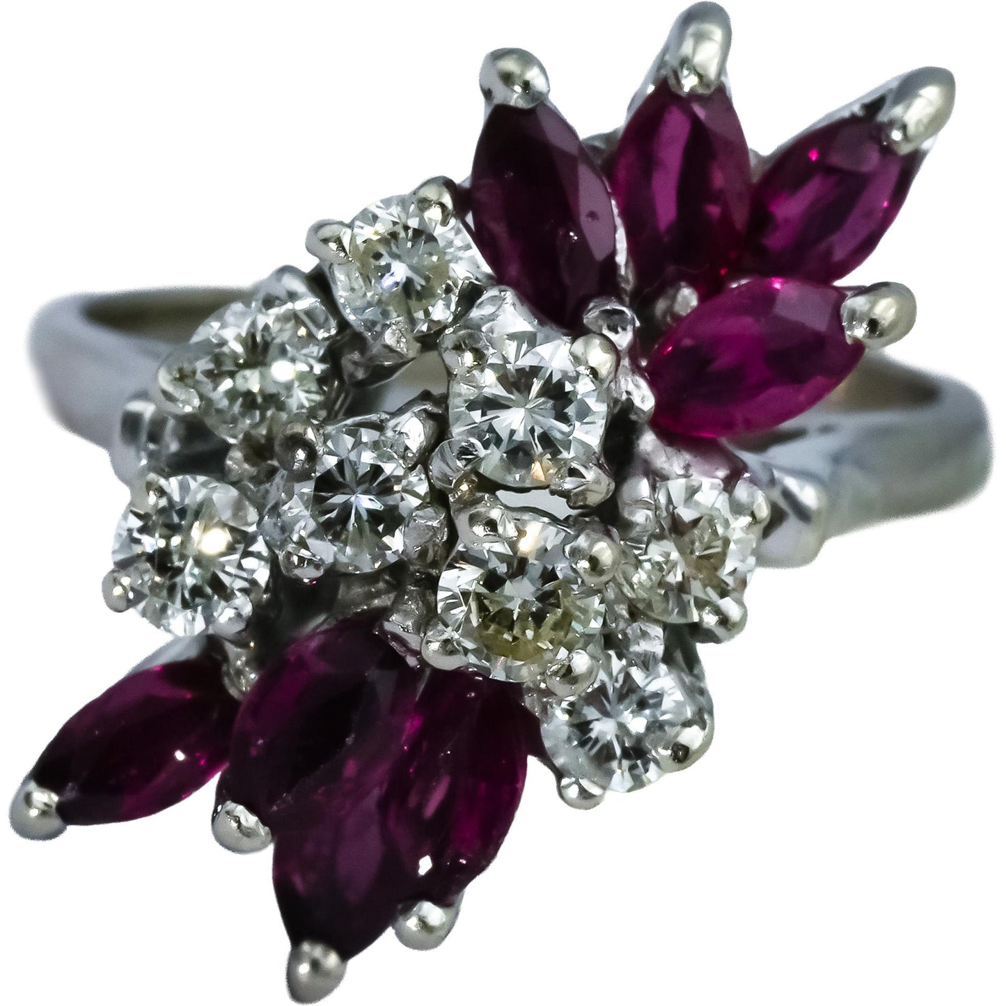 Vintage 14k White Gold Round Diamond & Marquise Ruby Cocktail Ring 1.75CT Size 7