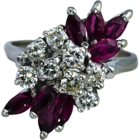 Vintage 14k White Gold Round Diamond & Marquise Ruby Cocktail Ring 1.75CT Size 7