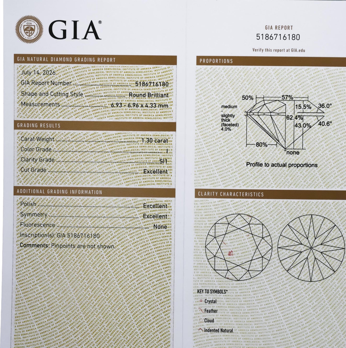 GIA Certified SI1/I Round Cut Natural Diamond Loose Stone 1.30CT